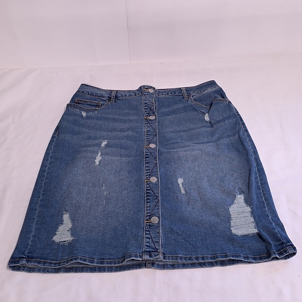 Cato Est. 1946 Denim Skirt Women 16W Blue Distressed Button Front Stretch A-Line